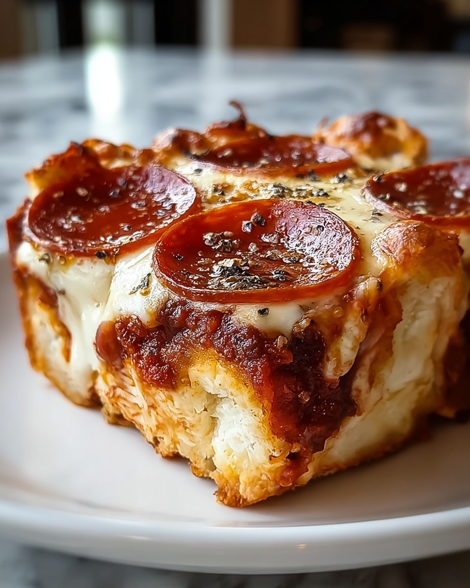 A close-up of a square slice of deep-dish pizza on a white plate, showing three visible layers: the thick, golden-brown crust at the bottom with slightly crispy texture, a rich dark red tomato sauce layer in the middle, and a top layer of melted, gooey white cheese with browned spots. Three round pepperoni slices with a shiny reddish-brown color sit evenly on the cheese, sprinkled with small bits of black seasoning. The edges of the crust are fluffy and a bit uneven, with melted cheese spilling over the sides. The background is softly blurred with a white marbled texture underneath the plate. Photo taken with an iphone --ar 4:5 --v 7