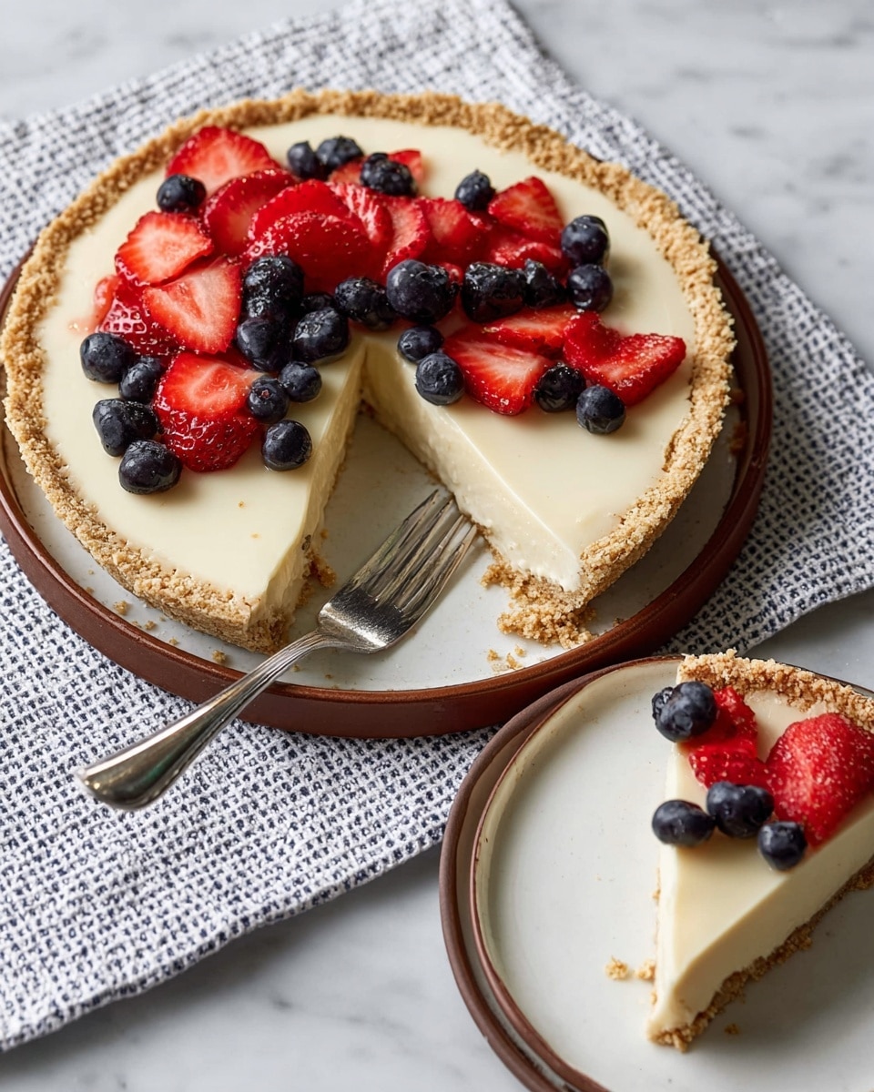 A pie with two layers sits on a white marbled cloth: the bottom crust is crumbly and light brown, forming a thick edge around the creamy, smooth yellowish-white filling on top. The top layer is decorated with fresh red strawberry slices and plump dark blueberries scattered over the filling. A single wedge of pie is cut out, placed on a white plate with a brown rim below the pie, with the crust edge clearly visible. The slice is topped with the same red strawberry slices and dark blueberries, and a metal fork rests on the plate’s left side. Photo taken with an iphone --ar 4:5 --v 7