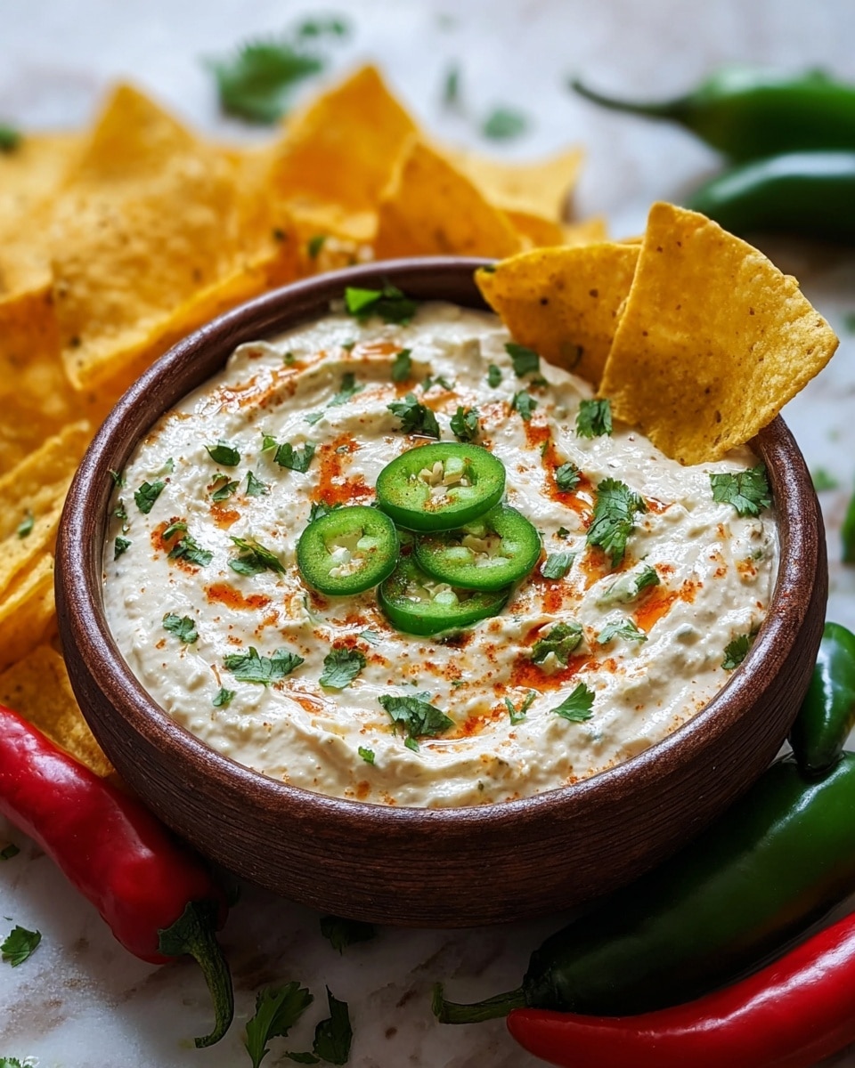 A rustic brown bowl filled with creamy white dip featuring a slightly lumpy texture, topped with thin green jalapeño slices and small green cilantro leaves scattered across the surface, along with a few drizzles of red seasoning or sauce adding a pop of color. On the side of the bowl, there are several triangular yellow tortilla chips standing upright, and the bowl is surrounded by fresh green and red chili peppers placed on a white marbled surface. photo taken with an iphone --ar 4:5 --v 7