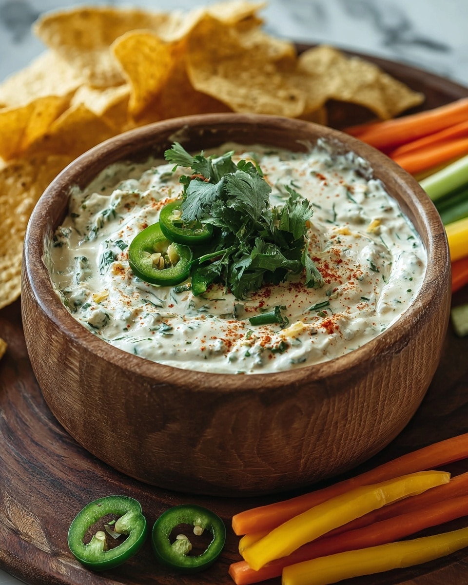 A wooden bowl filled with thick, creamy white dip speckled with green herbs, topped with slices of green jalapeño and a bunch of fresh cilantro in the center, with a light sprinkle of red spice on top. The bowl is placed on a dark wooden board surrounded by pale yellow tortilla chips and colorful vegetable sticks in orange, yellow, and green. The background shows a white marbled texture. Photo taken with an iphone --ar 4:5 --v 7