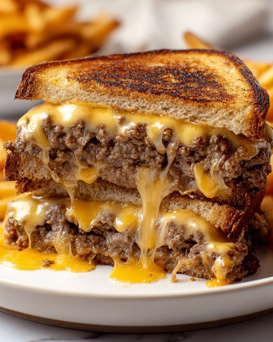 A grilled cheese sandwich is cut in half, stacked with two layers of browned, juicy ground beef patties inside. Each layer is filled with thick, gooey melted yellow and white cheese that drips down the sides. The sandwich is made with toasted brown bread, browned and crispy on the outside. It sits on a white plate on a white marbled surface, with blurred fries in the background, adding a warm and hearty look. photo taken with an iphone --ar 4:5 --v 7