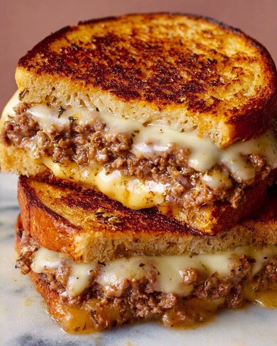 Two grilled sandwiches stacked on a white marbled surface, each sandwich made of three layers: the top and bottom layers are thick, golden-brown toasted bread with a crispy texture, and the middle layer contains melted, creamy cheese that stretches slightly beyond the bread edges, along with a cooked ground meat layer that looks juicy and well-seasoned. The sandwiches have a warm, inviting look with grill marks on the bread and some slight bubbling of the cheese visible. photo taken with an iphone --ar 4:5 --v 7