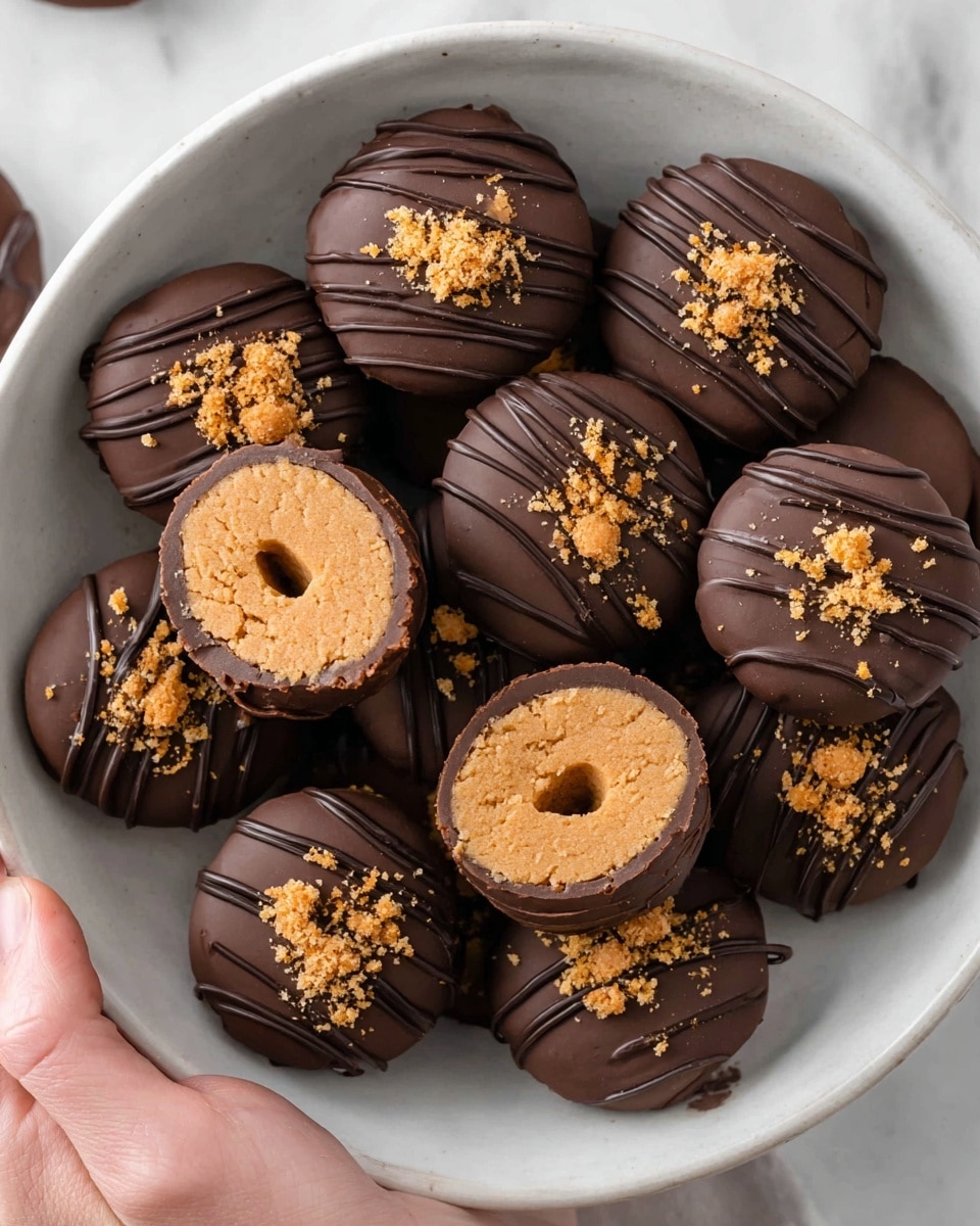 The image shows a close-up of multiple round truffles in a white bowl with a speckled pattern. Each truffle has a thick dark chocolate coating layer on the outside, with some decorated with thin drizzles of dark chocolate as a top layer, creating a striped texture. Inside, the truffle has a dense, crumbly peanut butter-colored filling with a slightly rough texture, visible in one truffle that is bitten open at the center of the image. The bowl sits on a white marbled surface. photo taken with an iphone --ar 4:5 --v 7