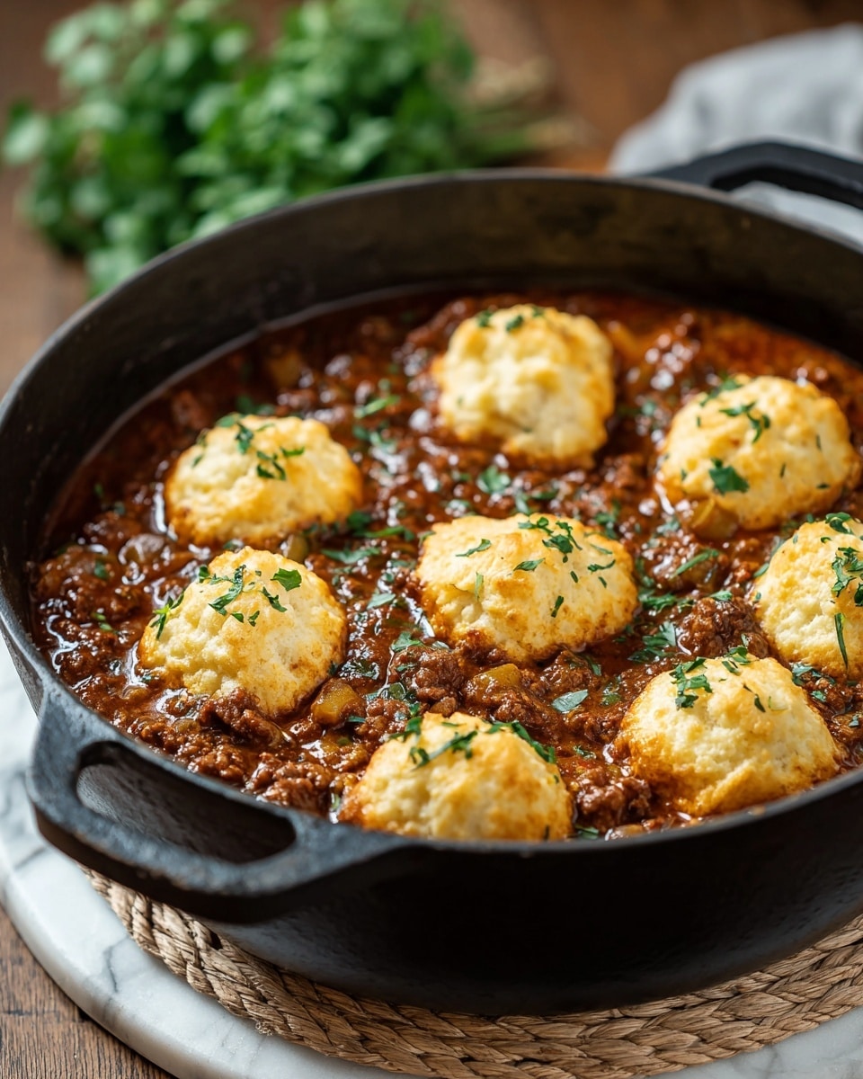 A round black pan filled with a rich brown ground meat sauce with small chunks of vegetables visible. On top, there are about twelve golden, light brown biscuit dough balls, slightly browned and puffed, sprinkled with fresh green herb leaves. The pan sits on a rustic wooden surface, and in the background, a small white bowl with salt and some fresh green herbs are softly blurred out, all set on a white marbled texture. Photo taken with an iphone --ar 4:5 --v 7