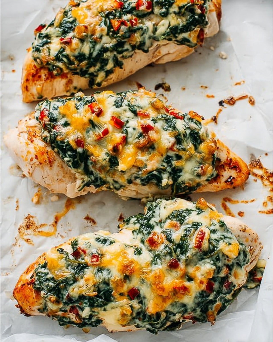The image shows three pieces of cooked chicken breasts topped with a creamy mixture of melted cheese, spinach, and bits of red pepper, all baked to a golden brown. Each chicken breast has one thick layer of pale pink chicken as the base, covered by a thick, uneven layer of creamy white sauce mixed with vibrant dark green spinach leaves and scattered small chunks of yellow and orange melted cheese and red pepper, creating a colorful and textured topping. The dish sits on white parchment paper on a white marbled surface, with some crumbs and small burnt spots around the chicken pieces. photo taken with an iphone --ar 4:5 --v 7