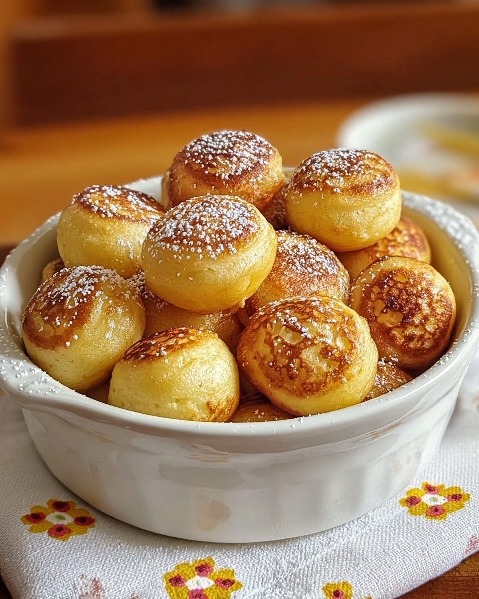A white round ceramic dish filled with about twelve small, round, golden-brown pancake balls, each with a slightly crispy top and soft, light yellow sides. The pancake balls have some darker browned spots and are dusted lightly with powdered sugar, adding a fine white layer on top. The dish is placed on a wooden surface with a white cloth featuring small yellow and red flower patterns on the side. The background is softly blurred, showing warm tones. photo taken with an iphone --ar 4:5 --v 7