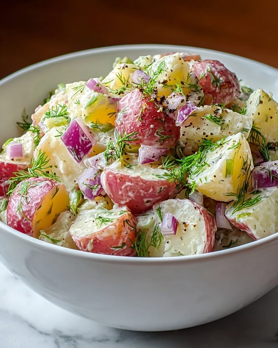 The image shows a white bowl filled with a potato salad made of three main layers. The bottom layer is light cream-colored boiled potato chunks with reddish skins on some pieces, showing a smooth and soft texture. The middle layer contains pieces of chopped purple-red onion, adding a bit of shine and crisp look. The top layer has fresh green dill herbs sprinkled over, along with some black pepper flakes, giving a fresh and slightly textured appearance. The bowl sits on a white marbled surface, and the background is softly blurred. photo taken with an iphone --ar 4:5 --v 7