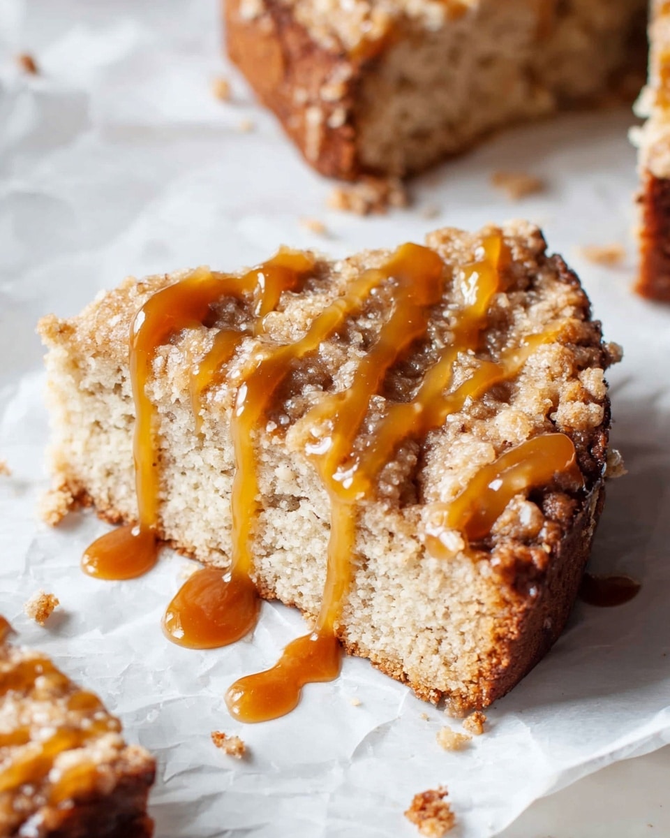 A thick slice of crumbly cake with a brown crust and light beige inside sits on crinkled white parchment paper over a white marbled surface. The top of the cake is drizzled with shiny golden caramel sauce, flowing down the sides in uneven streaks. Crumbs are scattered around the slice, with parts of other similar slices visible near the edges. The texture of the cake looks soft and slightly grainy, and the caramel adds a sticky, glossy finish. photo taken with an iphone --ar 4:5 --v 7