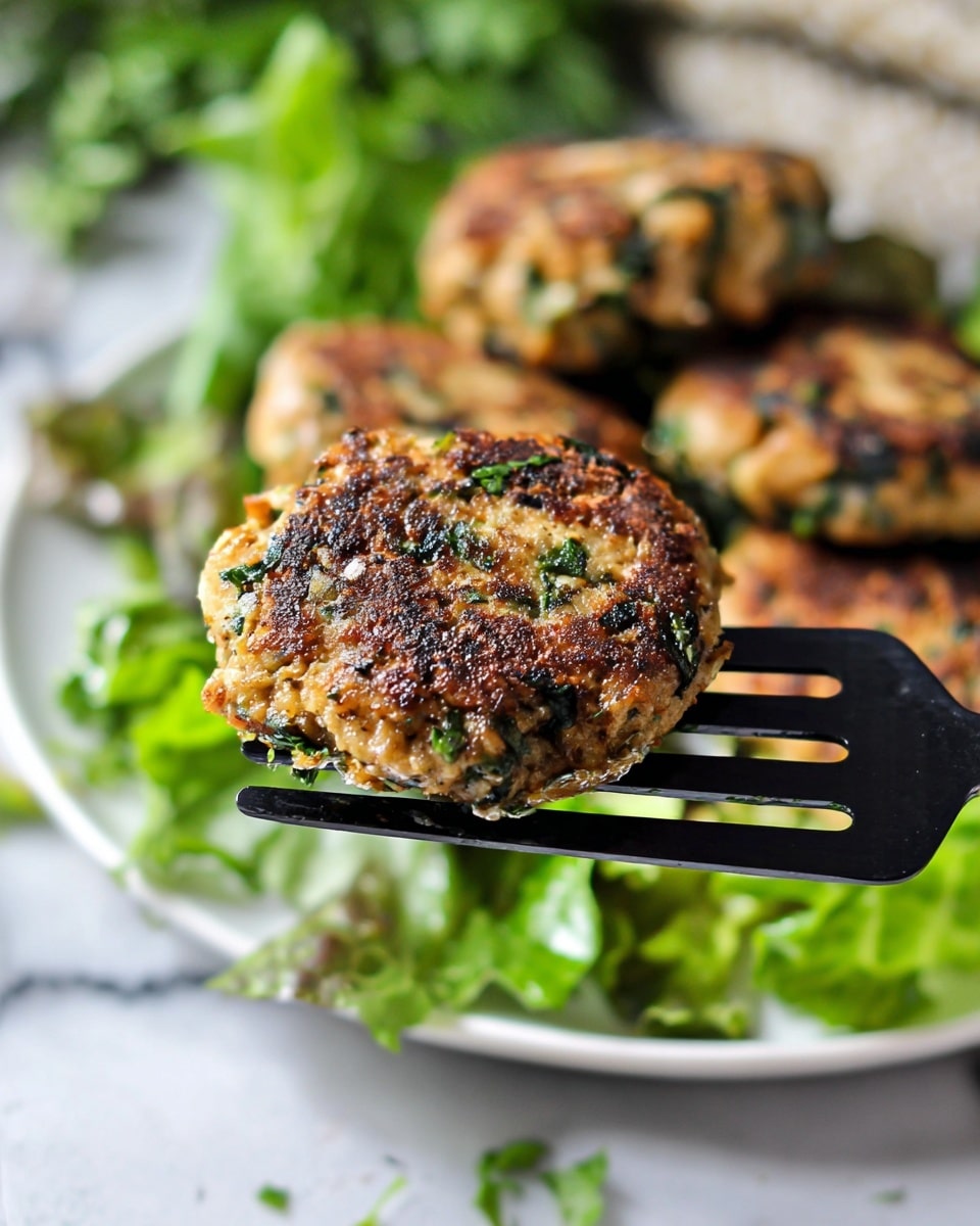A close-up of a cooked patty held by a black spatula shows a textured surface with browned, crispy spots and green herbs mixed throughout. In the background, more patties are arranged on a white plate, resting on a bed of leafy green lettuce. The white marbled surface beneath adds brightness to the scene, with a slight blur that emphasizes the main patty on the spatula. photo taken with an iphone --ar 4:5 --v 7