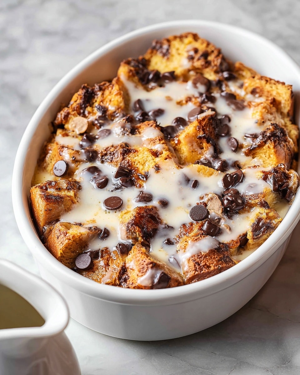 A white oval dish holds a baked bread pudding with multiple rough, golden-brown bread chunks layered on the top, each piece crisp and slightly toasted around the edges. Dark chocolate chips are scattered generously across the top, partially melted and shiny. A smooth, white glaze is drizzled unevenly over the entire surface, contrasting with the warm tones of the bread and the dark chocolate. The dish sits on a white marbled texture surface, and a white pitcher is visible near it. photo taken with an iphone --ar 4:5 --v 7