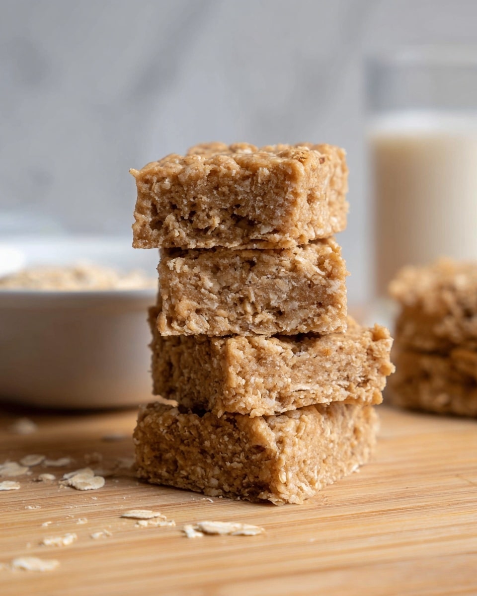 The image shows a close-up of a stack of four oatmeal bars placed on a light wooden surface with a white marbled texture in the background. Each bar has a rough, crumbly texture with visible oats, light brown in color, and is roughly square-shaped. The bars are stacked unevenly, with small oats and crumbs scattered on the wooden surface around them. In the blurred background, there is a white bowl with oats and a glass of milk, both softly out of focus, adding a cozy and homey feel to the scene. photo taken with an iphone --ar 4:5 --v 7