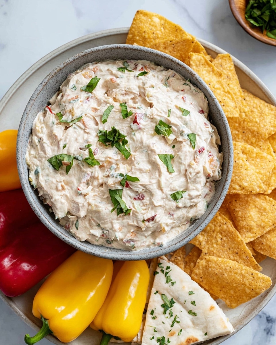 A gray bowl sits at the center filled with a thick, creamy dip mixed with small bits of red and green, topped with scattered fresh green herb leaves for garnish. Surrounding the bowl, on a white plate, are bright, smooth mini bell peppers in yellow and red tones, crispy golden tortilla chips with rough texture, and flat white pita bread triangular cut pieces lightly sprinkled with green herbs. The entire scene rests on a white marbled surface. photo taken with an iphone --ar 4:5 --v 7