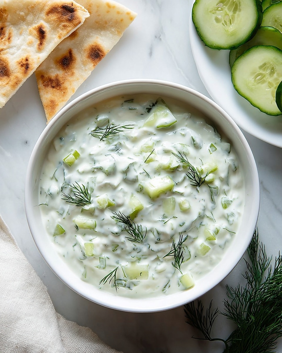 A white bowl filled with a creamy white yogurt dip mixed with small green cucumber pieces and sprinkled with fresh dark green dill leaves, placed on a white marbled surface. To the top left, two pieces of toasted flatbread with a golden-brown texture rest partially visible. To the top right, a white plate holds thinly sliced cucumber rounds with dark green edges. A sprig of fresh dill lies on the bottom right near the bowl, and a soft white cloth is positioned on the bottom left edge of the image. photo taken with an iphone --ar 4:5 --v 7