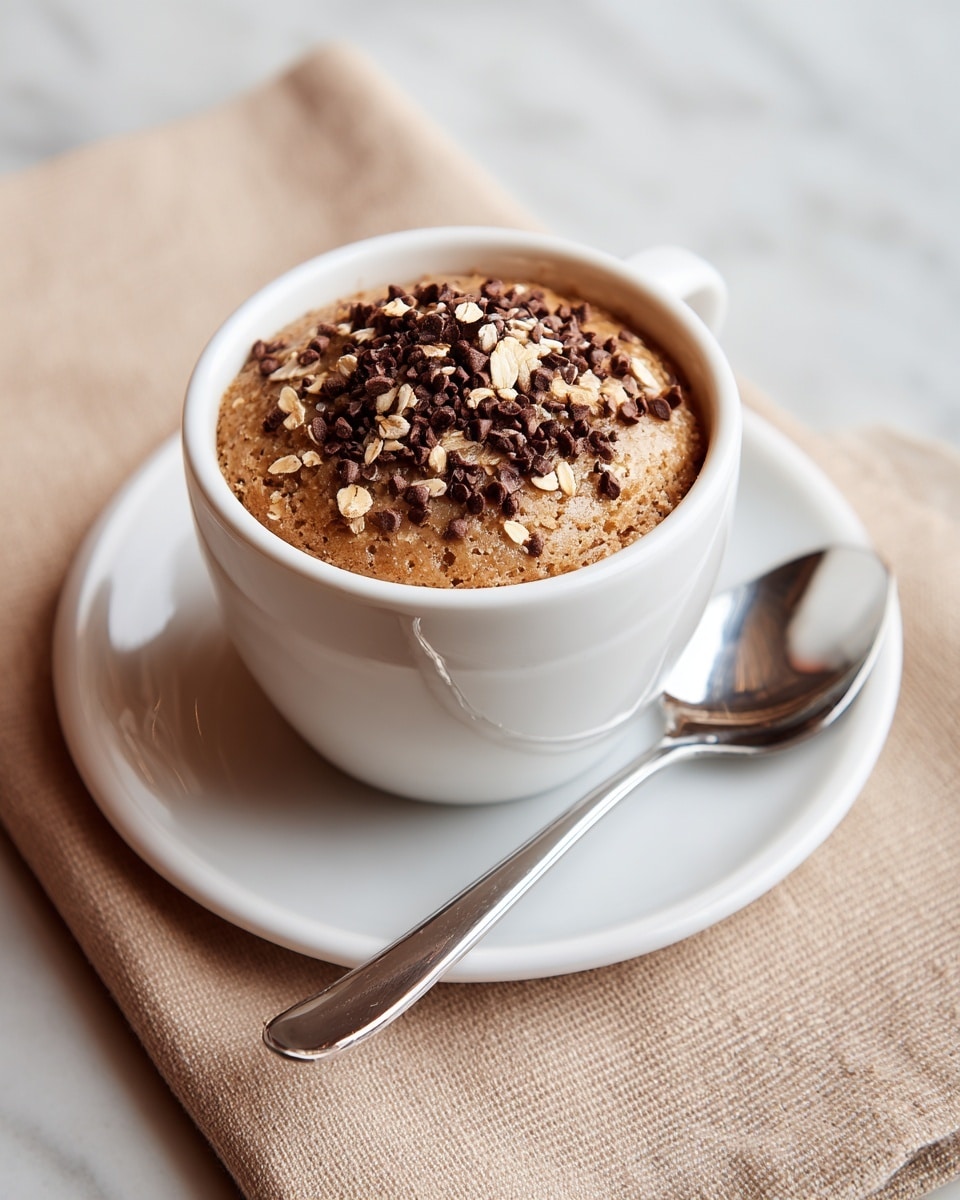 A close-up of a white cup filled with a single-layer light brown mug cake topped with small chocolate bits and rolled oats, sitting on a white saucer. A silver spoon rests on the saucer beside the cup. The cup and saucer are placed on a beige cloth napkin over a white marbled surface. photo taken with an iphone --ar 4:5 --v 7