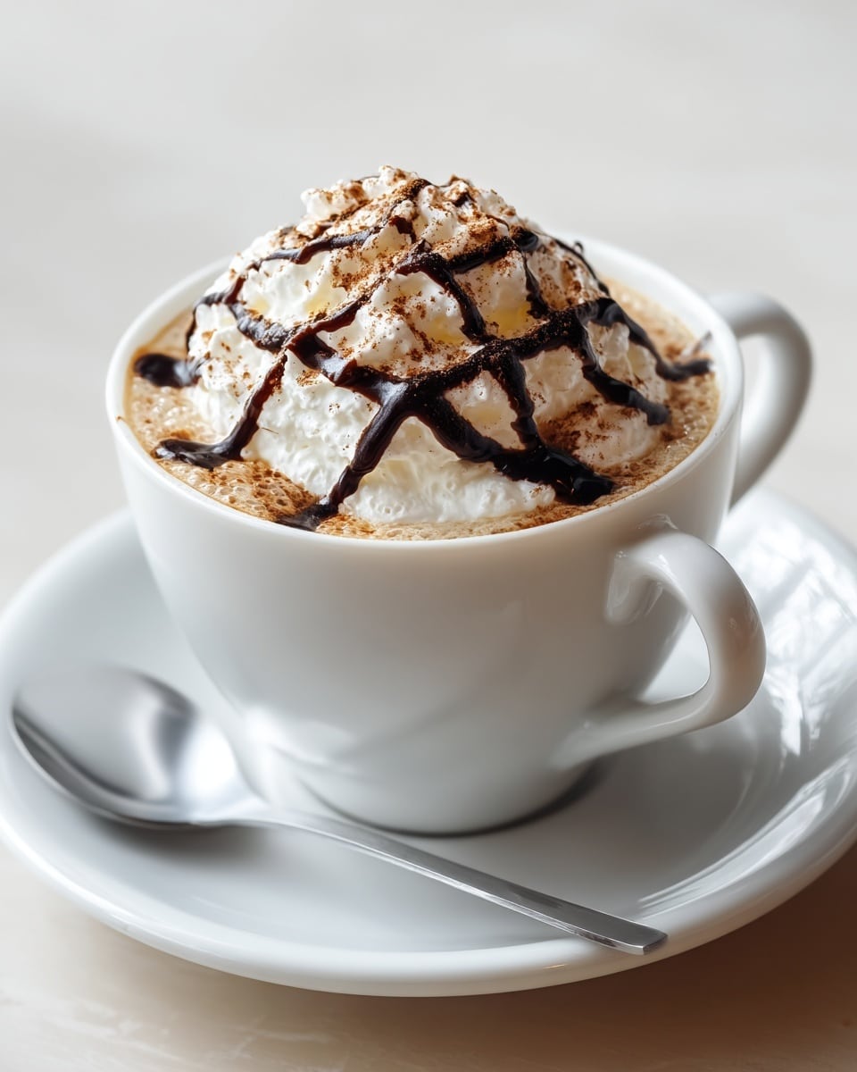 A white cup filled with a creamy light brown drink, topped with a large mound of white whipped cream. The whipped cream is sprinkled with fine brown powder and drizzled with thick dark chocolate sauce in a crisscross pattern. The cup sits on a matching white saucer with a metal spoon resting on it. The surface beneath is a white marbled texture. Photo taken with an iphone --ar 4:5 --v 7