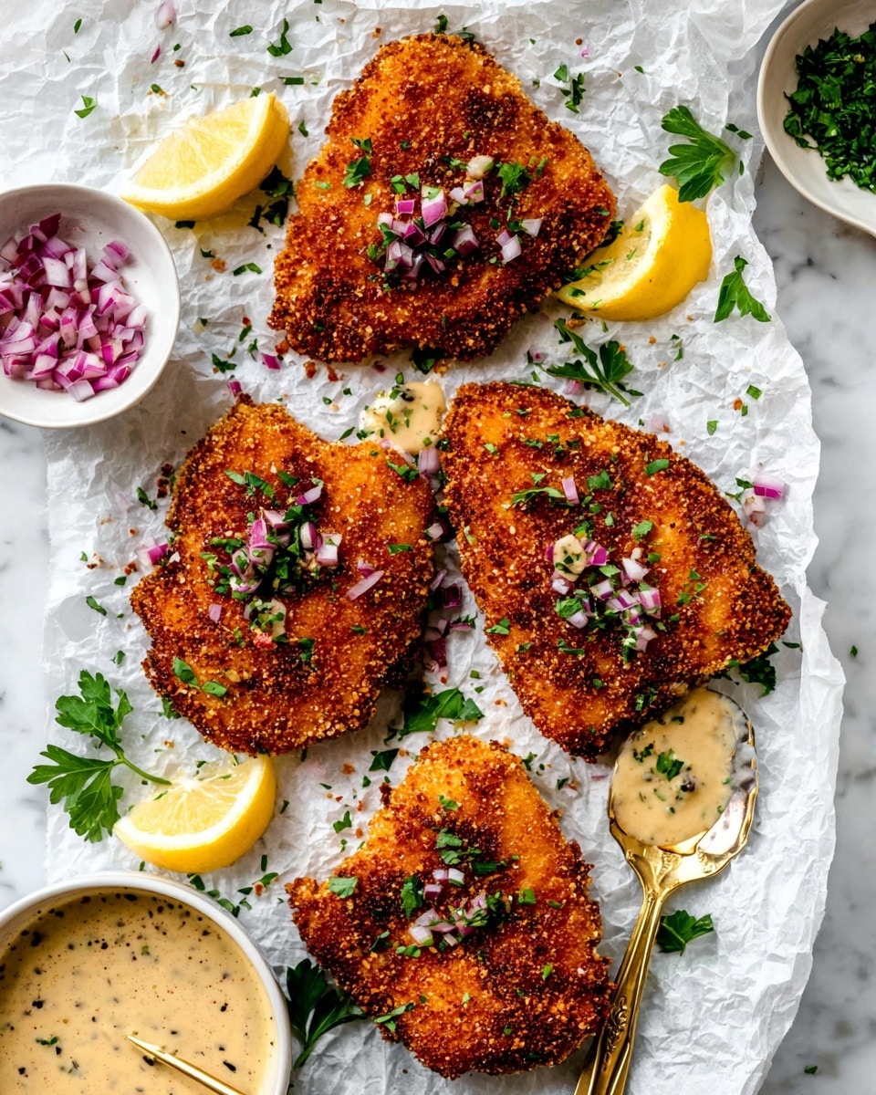 Four pieces of crispy breaded chicken are placed on crinkled white parchment paper over a white marbled surface. Each chicken piece has a golden brown, crunchy texture with small bits of herbs and finely chopped red onion sprinkled on top. Around the chicken, there are green parsley leaves and two lemon wedges adding fresh color. At the edges, small white bowls hold more chopped red onions, chopped parsley, and a creamy, speckled beige dipping sauce with a golden spoon inside. The light brightens the textures and colors, making the dish look fresh and tasty. photo taken with an iphone --ar 4:5 --v 7