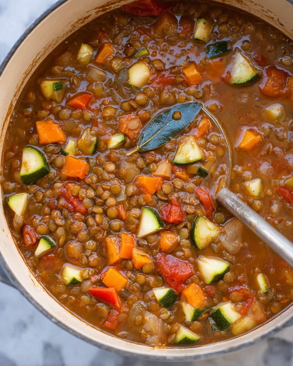A close-up of a large white pot filled with a thick lentil soup showing multiple layers of color and texture, including brown lentils, small beige pieces of celery, bright orange carrot chunks, dark green zucchini cubes, red bell pepper bits, and a single dark green bay leaf floating on top; the soup has a rich brown broth and a silver ladle is partially submerged on the right side, all set on a white marbled texture. photo taken with an iphone --ar 4:5 --v 7