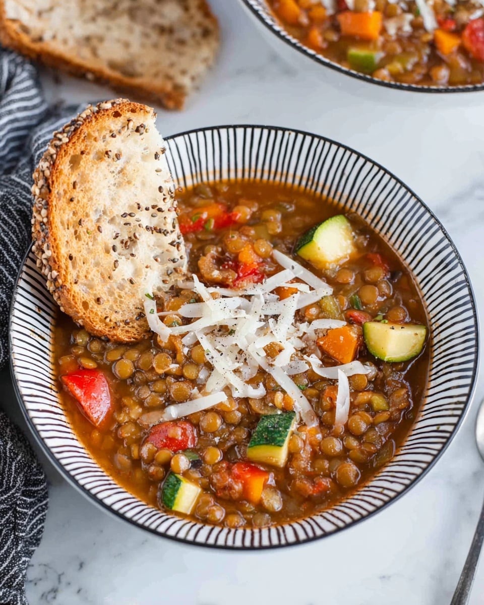 A white bowl with black vertical stripes is filled with lentil soup that has a thick broth with a reddish-brown color. Inside the soup, there are visible chunks of green zucchini, orange carrots, red bell peppers, and green celery pieces, all mixed with brown lentils. On top, some shredded white cheese is sprinkled, slightly melting into the soup. A piece of toasted bread with seeds is resting on the bowl's edge. The bowl is set on a white marbled surface, and in the background, part of another similar bowl of the same soup is visible. photo taken with an iphone --ar 4:5 --v 7