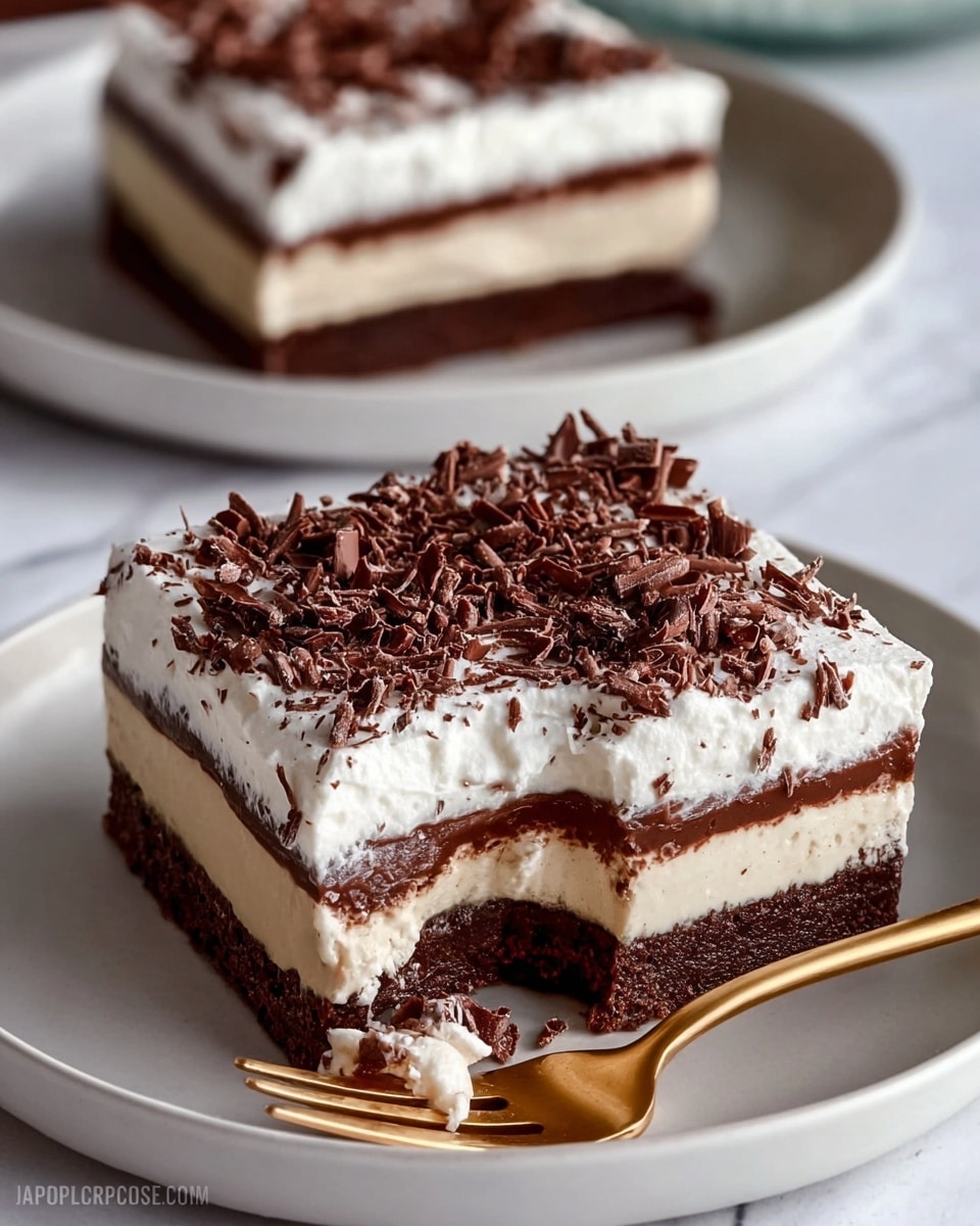 A square dessert is on a white plate with four layers visible: a dark brown bottom layer that looks dense and moist, above it a thick creamy light beige layer, then a smooth dark chocolate layer, and finally a thick white whipped layer on top sprinkled with small curled chocolate shavings. A gold fork holds a small bite-sized piece showing all the layers clearly. Another plate with a similar dessert is blurry in the background, all set on a white marbled texture. photo taken with an iphone --ar 4:5 --v 7