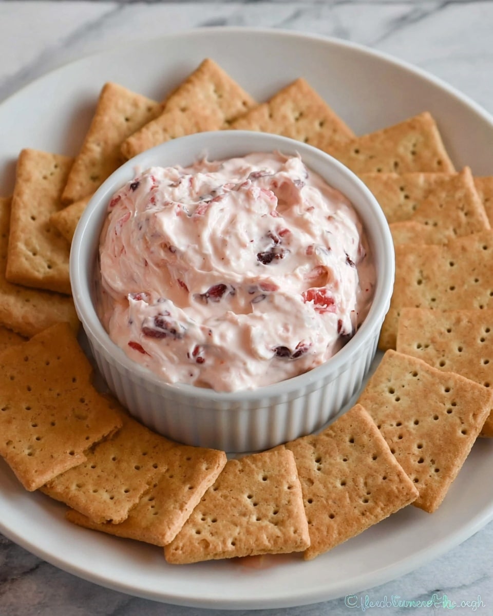 A close-up image showing a white round plate with several light brown rectangular crackers arranged in a partial circle around a white ramekin filled with a creamy pink dip that has visible bits of red and dark brown mixed inside. The crackers have a rough texture with small holes evenly spaced on their surface. The creamy dip has a swirled, soft texture with the colorful bits adding contrast. The background is a white marbled texture. photo taken with an iphone --ar 4:5 --v 7