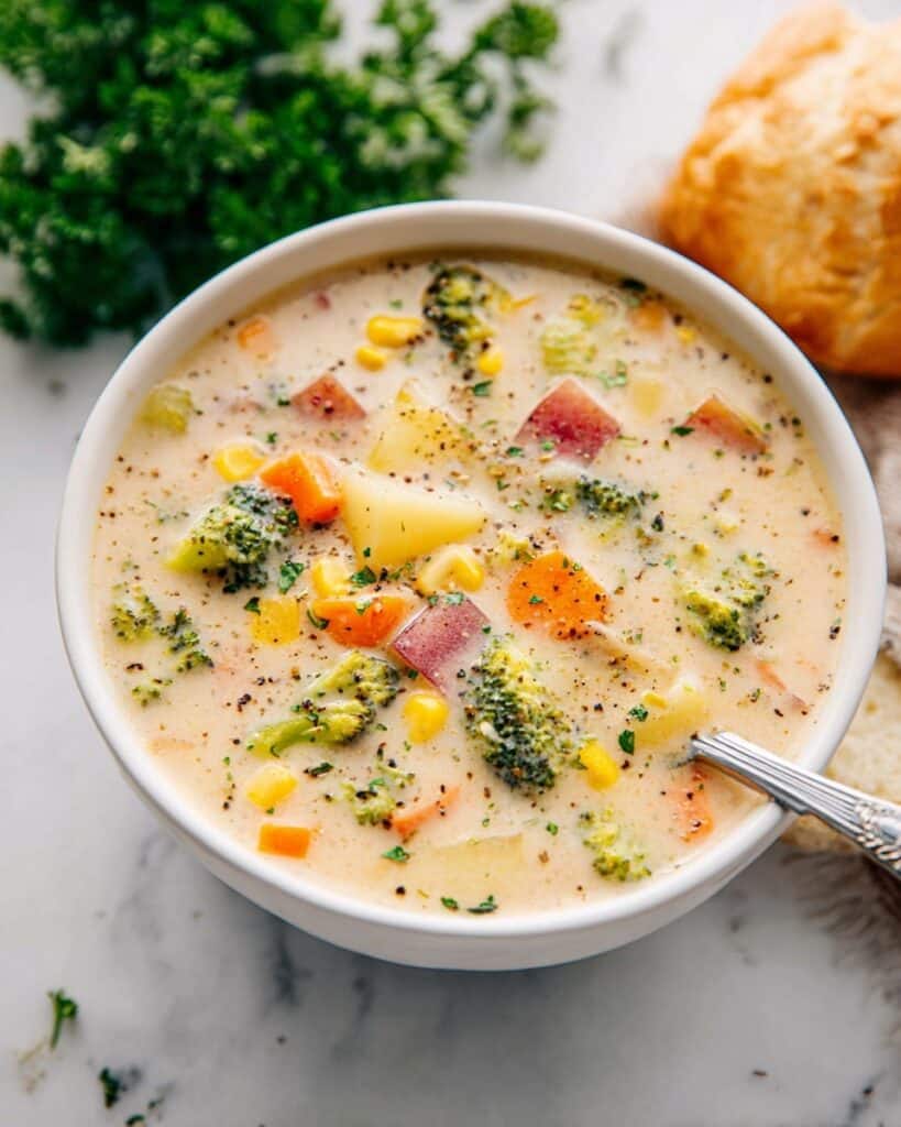 Creamy Vegetable Soup with Potatoes, Broccoli, Corn, and Cheddar Recipe