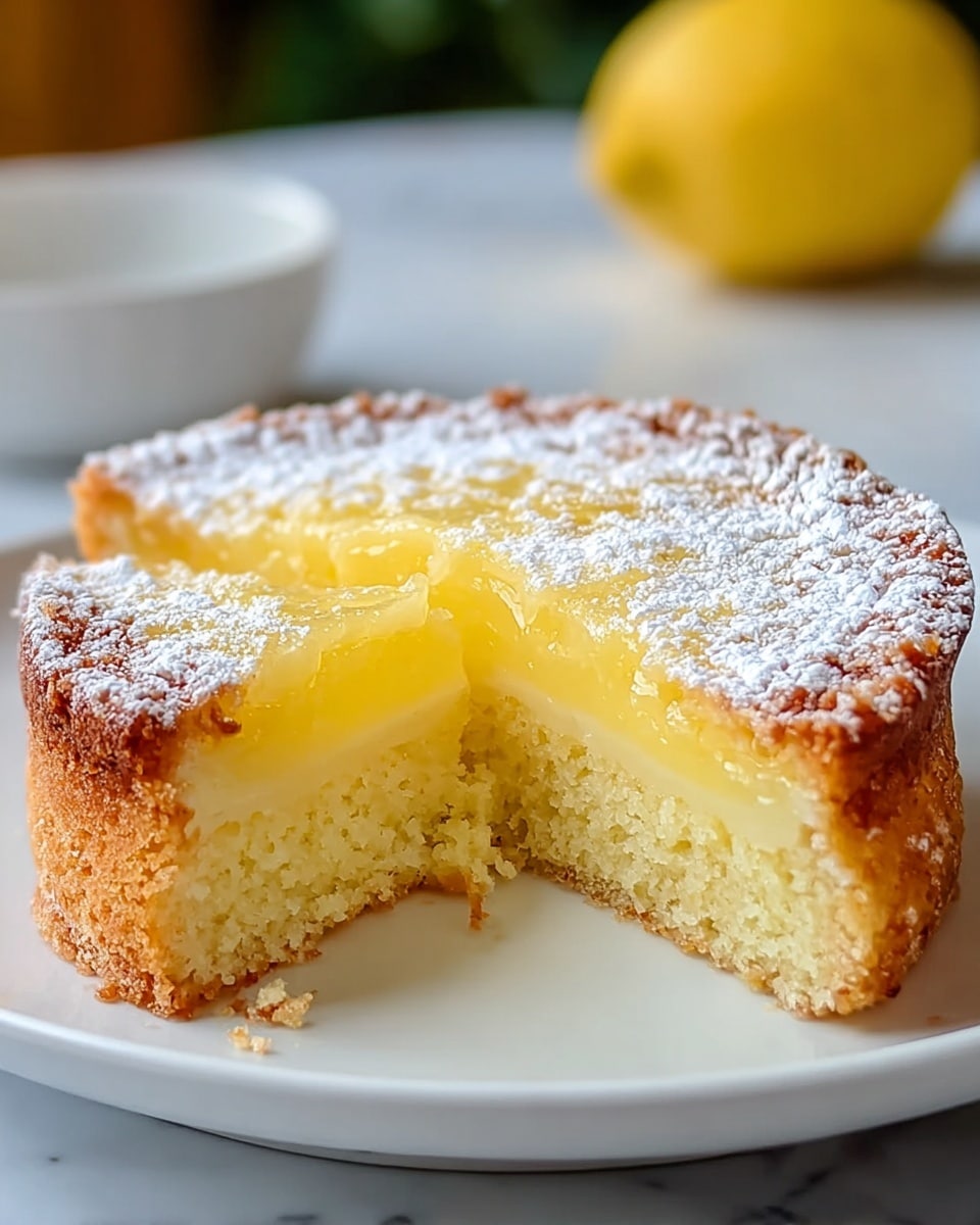 A round slice of lemon cake with two visible layers sits on a white plate; the bottom layer is a dense, light yellow cake with a soft crumb texture, while the top layer is a smooth, glossy lemon filling in a rich yellow color. The outer edge of the cake is golden brown and slightly crumbly, and the top is dusted with white powdered sugar. One wedge of the cake has been cut and is slightly separated from the rest, showing the clean cut between layers. The plate rests on a white marbled surface with a blurred lemon in the background. Photo taken with an iphone --ar 4:5 --v 7