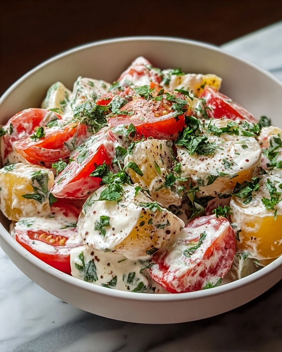 A white bowl filled with a creamy salad that has three main layers: the bottom layer is small yellow potato chunks, the middle layer consists of bright red cherry tomato halves, and the top layer is thick white dressing mixed with green herb bits and sprinkled with black pepper flakes. The dressing covers the potatoes and tomatoes, creating a smooth, slightly glossy texture. Fresh green herbs are spread on top and mixed inside. The bowl sits on a white marbled surface. Photo taken with an iphone --ar 4:5 --v 7