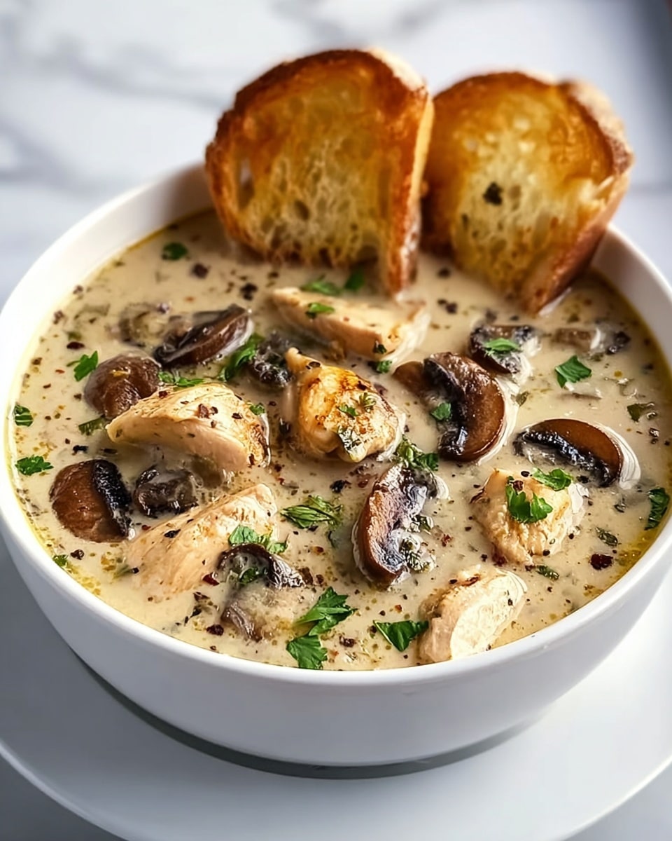 A white bowl filled with creamy chicken and mushroom soup sits on a white saucer, placed on a white marbled surface. The soup has a light beige creamy base with sliced browned mushrooms and pieces of cooked chicken scattered throughout. Small green herb bits are sprinkled over the soup, adding color contrast. Two pieces of toasted bread with golden-brown crusts lean against the bowl’s side. The smooth soup glistens under light, showing some black pepper flakes on top. photo taken with an iphone --ar 4:5 --v 7