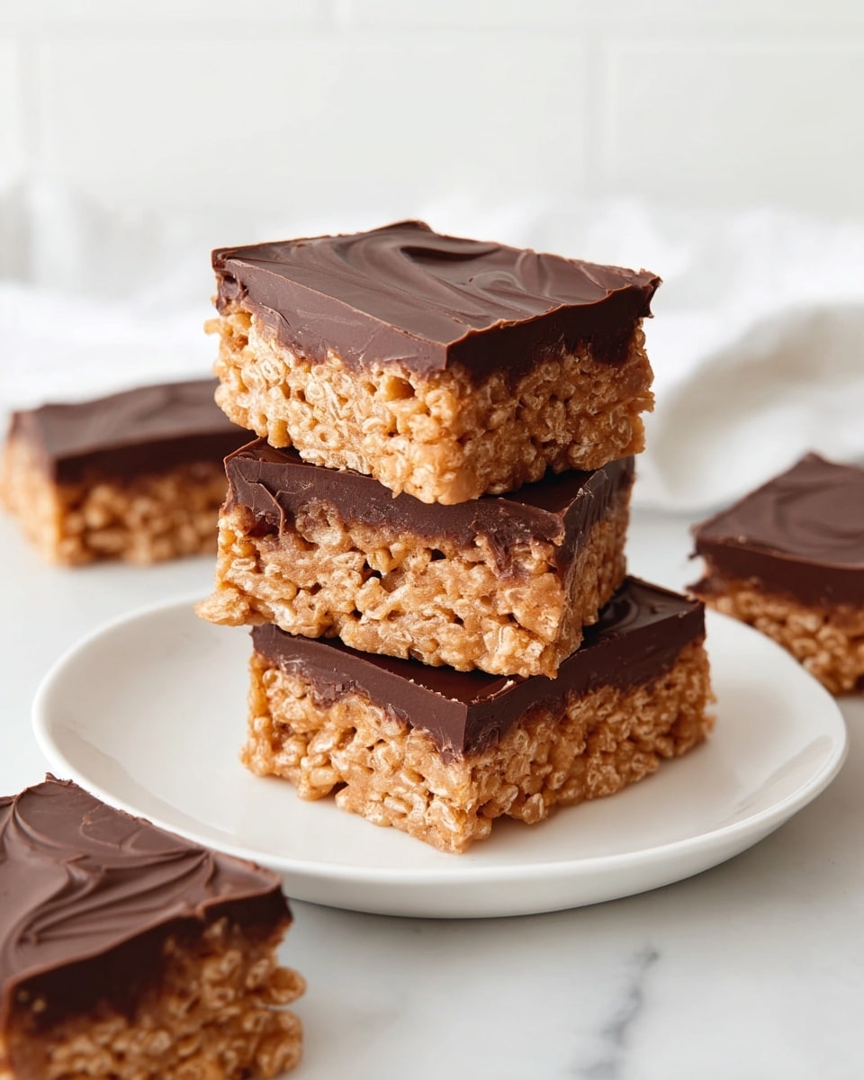 A stack of three square bars is shown on a white plate placed on a white marbled surface. Each bar has two layers: a thick bottom layer made of light brown crispy rice cereal bound together, and a smooth dark brown chocolate layer spread evenly on top. The chocolate has subtle swirled textures, creating a slightly bumpy finish. Around the stack, a few more of these bars are scattered, showing the same two-layer structure with the chocolate glossy and intact. The background is bright white with a soft texture, providing a clean and clear focus on the bars. photo taken with an iphone --ar 4:5 --v 7