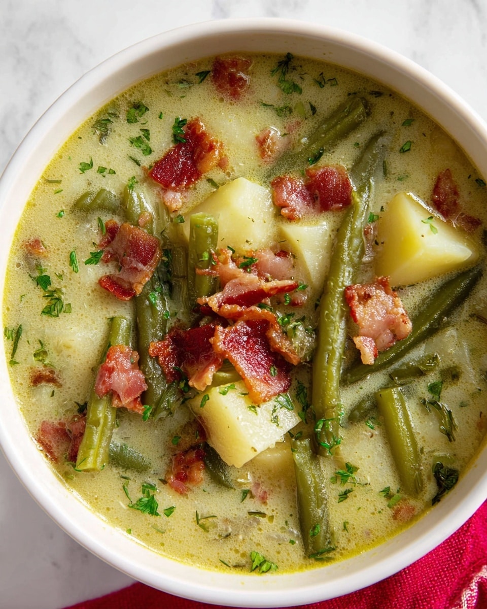 The image shows a close-up of a white bowl filled with creamy green bean soup. The soup has a light green, slightly thick broth with visible chunks of green beans cut into medium pieces, pale yellow potato cubes, and small crispy pieces of reddish-brown bacon scattered on top. There are tiny green herb flakes sprinkled over the soup, adding a fresh touch. The bowl sits on a white marbled surface with part of a red cloth visible at the bottom edge. The colors are warm and natural, highlighting the textures of the cooked vegetables and bacon crisps. photo taken with an iphone --ar 4:5 --v 7