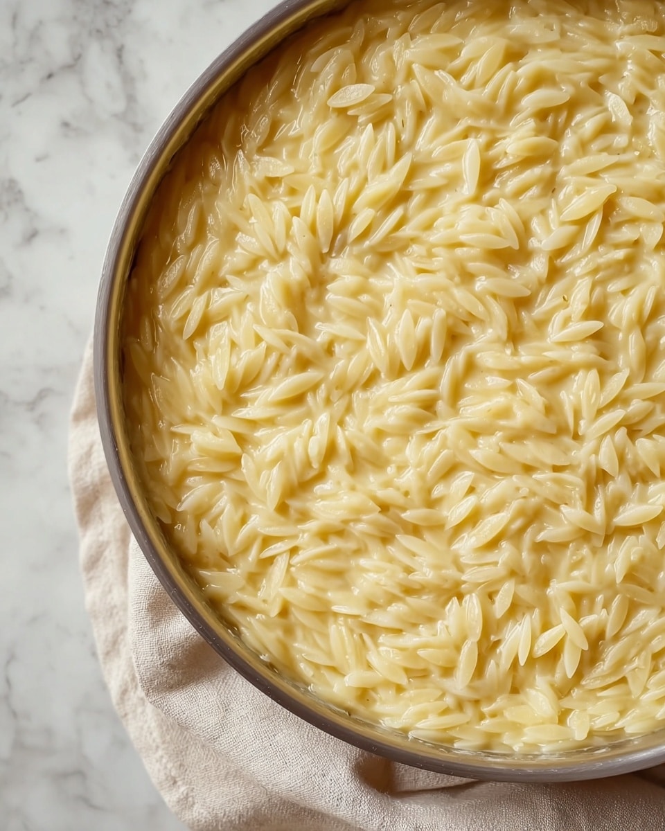 A close-up view of a single layer of creamy, cooked orzo pasta filling a round metal pan, showing the orzo grains soft and coated evenly with a glossy, pale yellow sauce. The background has a white marbled texture, and a light beige cloth is slightly visible on one side, adding a cozy touch. The orzo looks tender and moist, with the sauce creating a smooth, shiny finish across the entire surface. Photo taken with an iphone --ar 4:5 --v 7