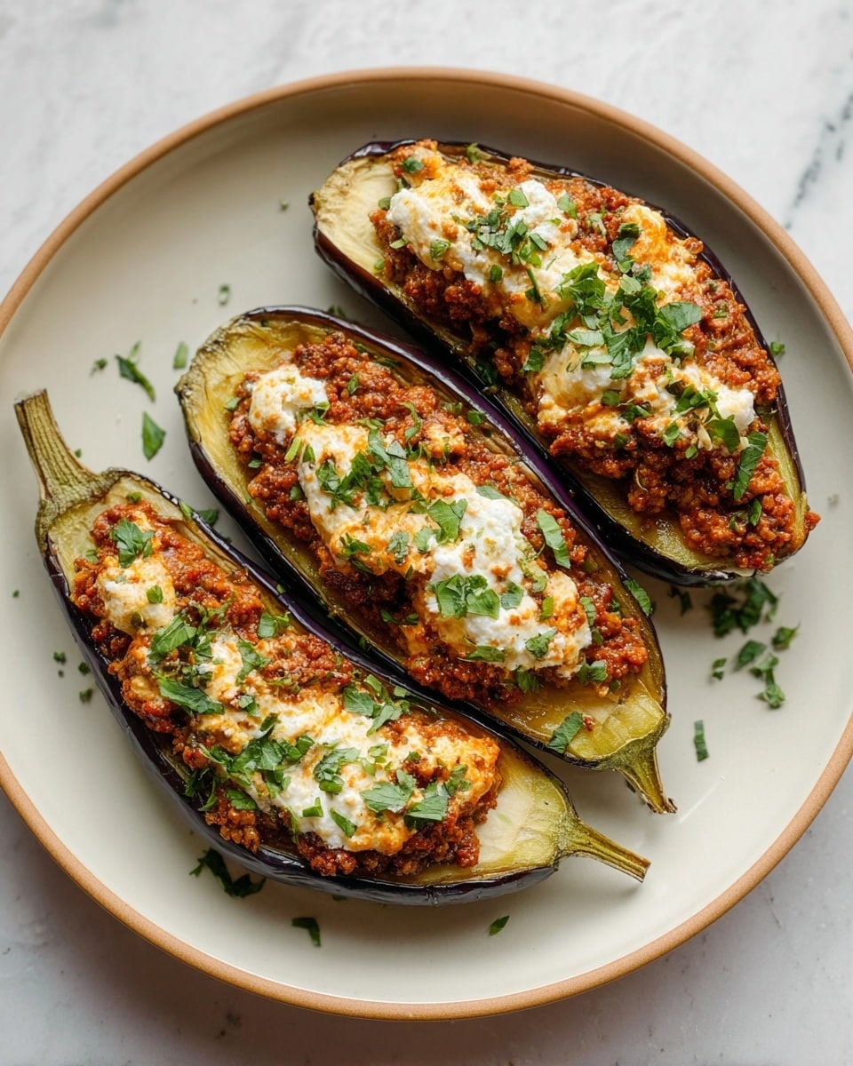 Three stuffed eggplants are arranged on a white plate with a light tan edge, placed on a white marbled surface. Each eggplant is cut lengthwise, showing a soft, light greenish-yellow inside layer. The eggplants are filled with a reddish-brown meat mixture, topped with dollops of white creamy cheese and sprinkled with fresh chopped green herbs. The eggplant skins are dark purple, creating a strong color contrast. The filling looks moist and textured, with some parts slightly browned. photo taken with an iphone --ar 4:5 --v 7