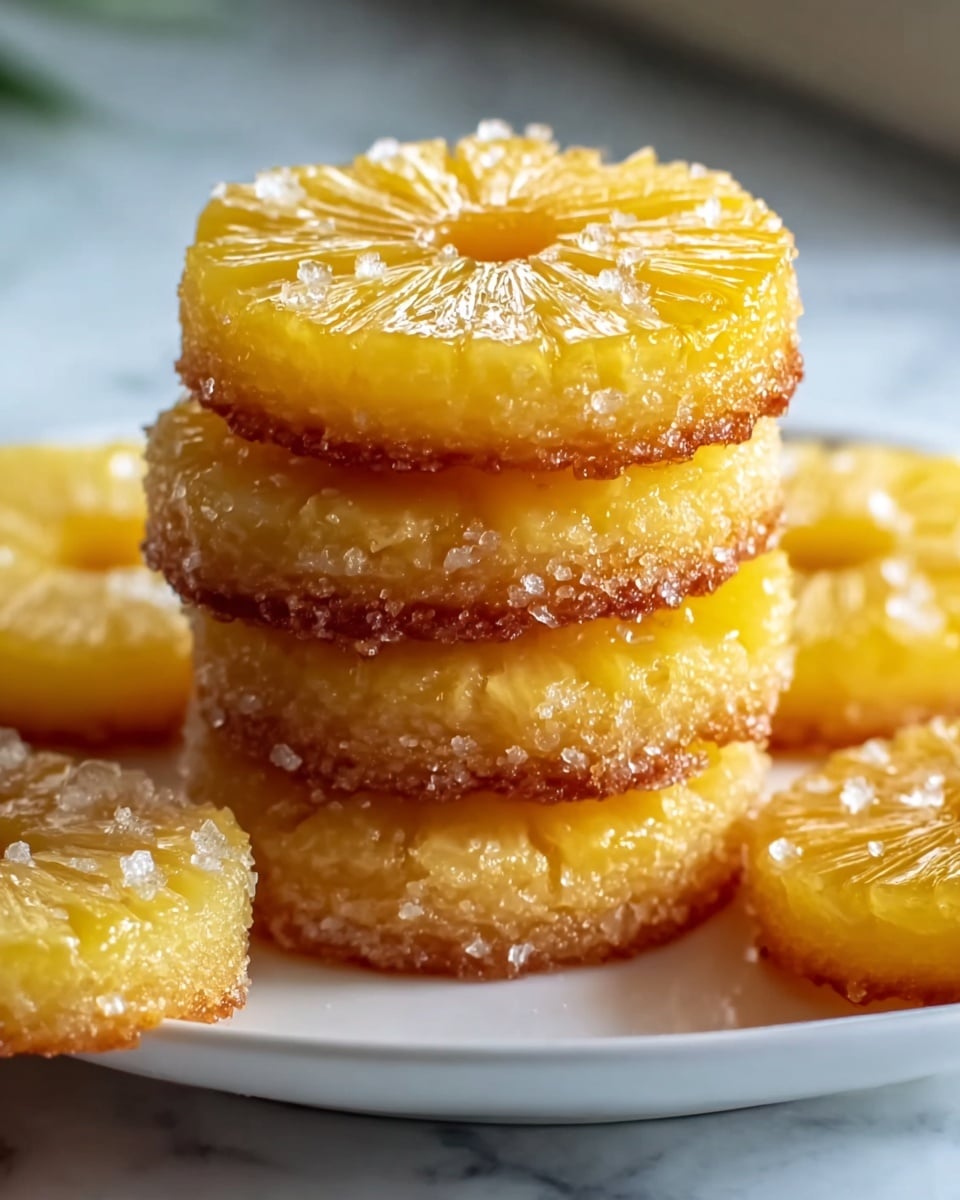 A stack of four round pineapple upside-down mini cakes sits in the center of a white plate on a white marbled surface. Each cake has a golden yellow pineapple ring on top, glossy and almost translucent with a texture showing the pineapple segments clearly. The sides of the cakes are light golden brown and have coarse sugar crystals sprinkled around the edges, adding a crunchy look. There are two more pineapple mini cakes placed flat on the plate beside the stack, with their pineapple tops facing up and showing the same shiny texture. The photo is close up with soft natural light highlighting the juicy pineapple and sugar crystals. Photo taken with an iphone --ar 4:5 --v 7