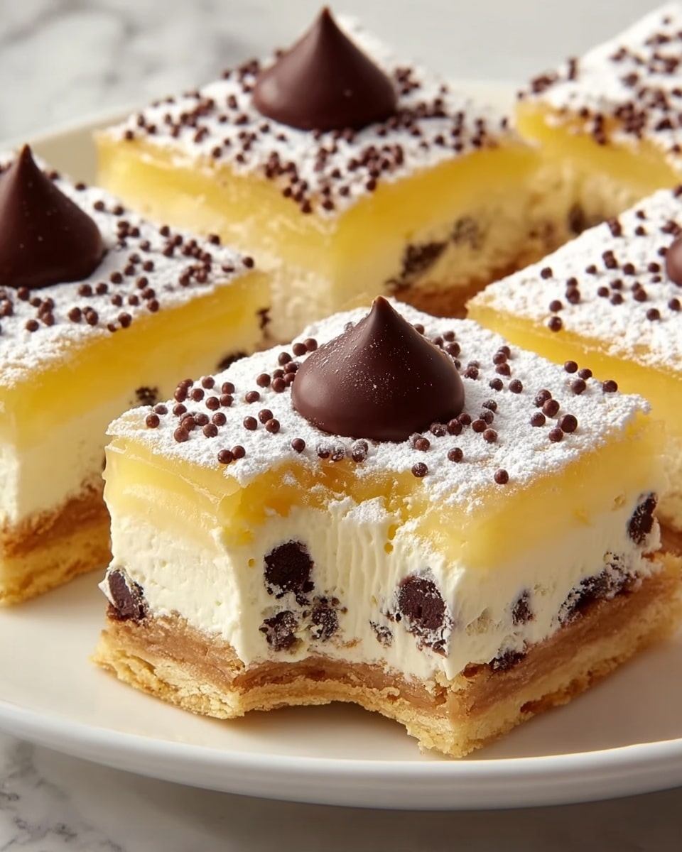The image shows several square dessert bars on a white plate placed on a white marbled surface. Each bar has four distinct layers: the bottom layer is a golden brown crust with a firm texture, followed by a thick creamy white layer with small dark chocolate chips embedded inside. Above this is a glossy, translucent yellow jelly layer, and the top layer is dusted with powdered sugar, decorated with three large chocolate drops and many tiny round chocolate sprinkles scattered across the surface. The front dessert bar has a bite taken out, revealing a smooth creamy inside. Photo taken with an iphone --ar 4:5 --v 7
