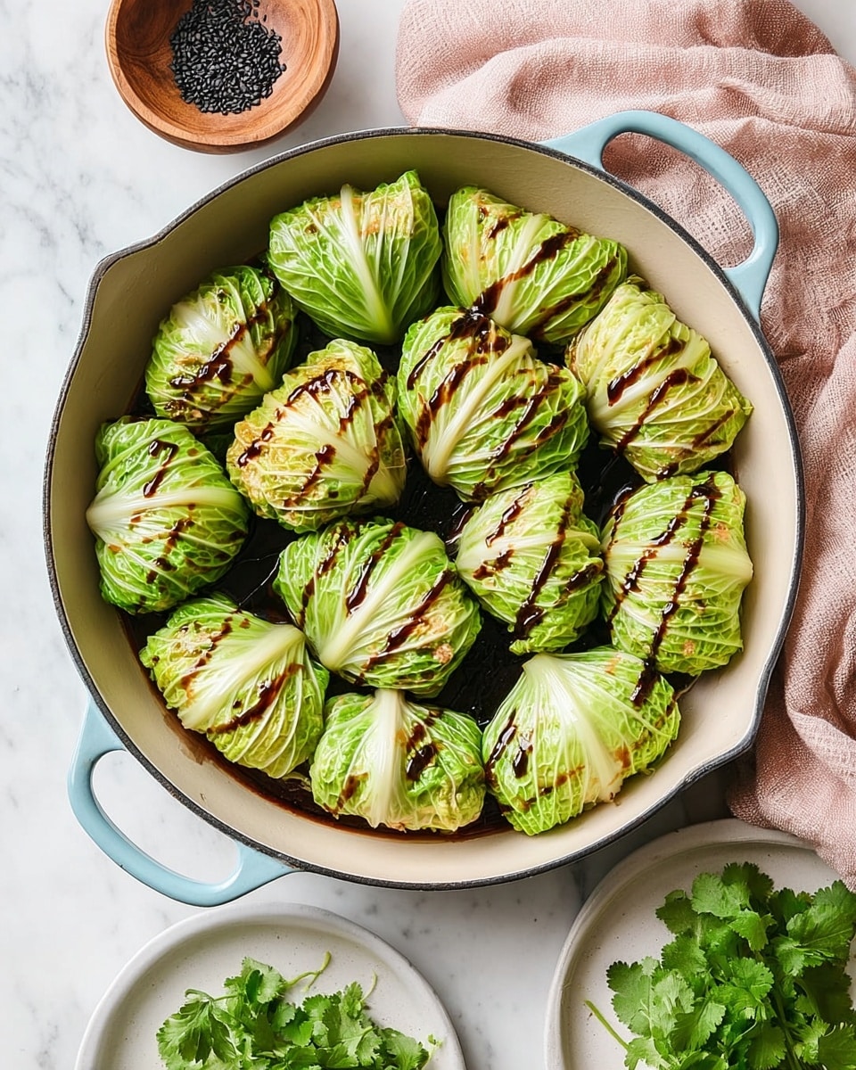 A large, light blue cast iron pan filled with 12 rolled cabbage parcels neatly arranged inside. Each parcel is wrapped in bright green cabbage leaves with white ribs, some showing light brown grill marks and a drizzle of dark sauce on top. The pan is placed on a white marbled surface, with a small wooden bowl of black sesame seeds above it and a white plate with fresh green cilantro below it. A soft pink cloth is draped in the top right corner, adding a gentle touch of color. Photo taken with an iphone --ar 4:5 --v 7
