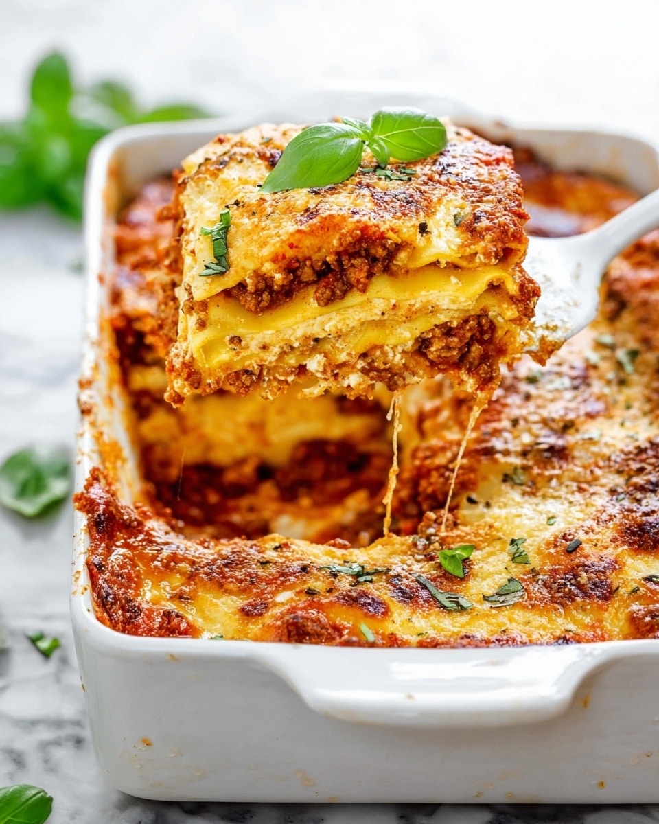 A square white baking dish filled with a thick, golden lasagna piece being lifted with a white spatula. The lasagna has five visible layers: the top melted, browned cheese layer with a slightly crispy texture and a fresh green basil leaf on top; a yellow pasta layer underneath; a creamy ricotta cheese layer mixed with ground meat in a deep brown and red sauce; another smooth yellow pasta layer; and more rich meat sauce at the bottom. The edges of the lasagna are bubbling and golden brown with melted cheese stretching slightly as it's lifted. The dish sits on a white marbled surface with a few basil leaves scattered around for decoration. Photo taken with an iphone --ar 4:5 --v 7