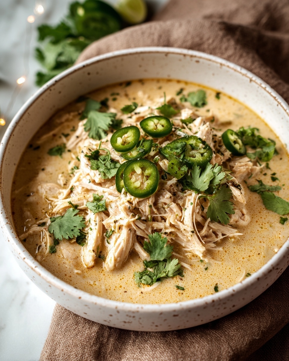 A bowl filled with one main layer of creamy light tan shredded chicken soup, topped with small sliced green jalapeños and scattered bright green cilantro leaves on top. The bowl is white with small brown speckles around the rim, placed on a white marbled surface with a brown cloth partially visible behind it. The soup looks rich and smooth with visible herbs floating in the creamy broth. photo taken with an iphone --ar 4:5 --v 7