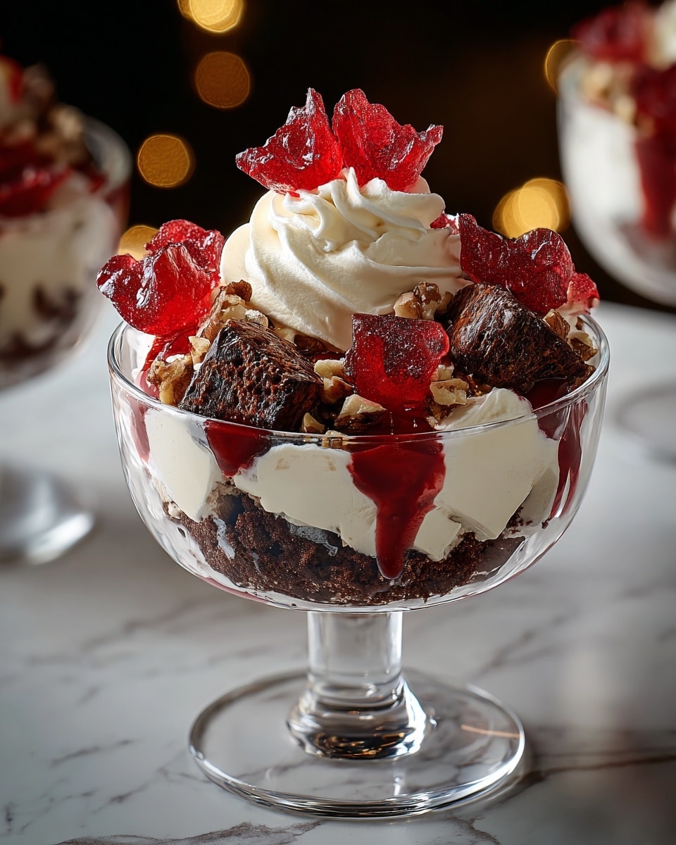 The dessert is served in a clear glass footed bowl, showing multiple layers from bottom to top. The bottom layer is a dark chocolate cake or crumb base, rich and crumbly in texture. Above this is a layer of creamy white cheesecake or mousse with a smooth texture, broken into chunks. Scattered around are pieces of nuts and watermelon-shaped red jelly pieces. There is also a drizzle of deep red berry sauce running over the cream and cake layers. The dessert is finished with a swirl of white whipped cream on top, decorated with more red jelly pieces resembling leaves. The bowl sits on a white marbled surface with soft lighting. Photo taken with an iphone --ar 4:5 --v 7