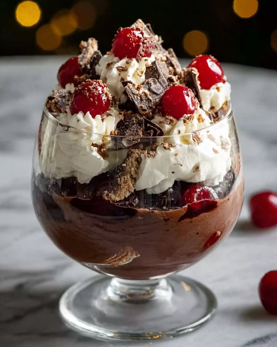 A clear glass dessert cup filled with three layers: the bottom layer is rich, dark chocolate mousse, smooth and glossy; the middle layer is light, creamy whipped cream with a fluffy texture; the top layer has broken pieces of crunchy chocolate and bright red cherries scattered on the cream, with a few small dollops of whipped cream peeking through, all standing on a white marbled surface. Photo taken with an iphone --ar 4:5 --v 7