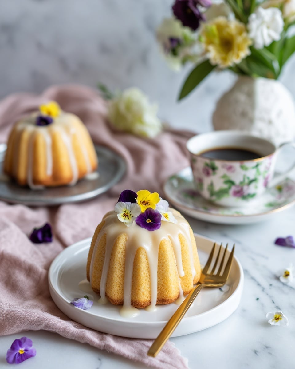 A small round cake with a swirled design sits on a white plate, glazed lightly with a shiny, pale icing that drips softly over the edges. The cake is pale yellow with a delicate texture. On top, small purple and yellow edible flowers add bright colors and contrast. A gold fork rests on the plate beside the cake. In the background, another cake of the same style is on a metal tray, and there is a white cup with black coffee in a floral-patterned cup and saucer. To the right, a white vase holds a bunch of flowers in green, white, purple, and yellow. The setting is on a white marbled surface covered partly by a soft pink cloth. photo taken with an iphone --ar 4:5 --v 7