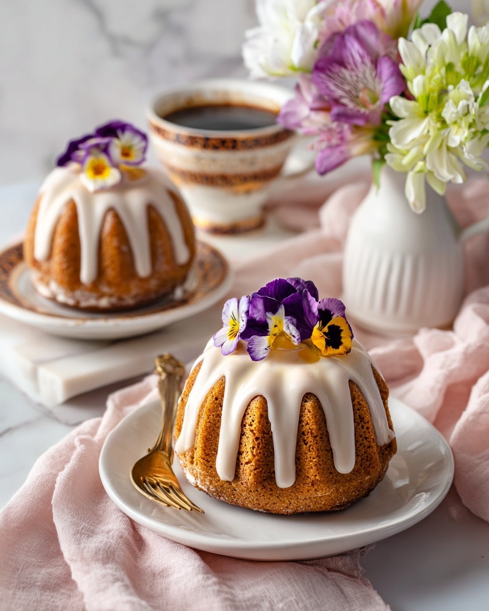 Two small bundt cakes with a light beige color and smooth white icing drizzled on the swirled ridges sit on a white plate and a baking tray. Each cake is decorated with purple and yellow edible flowers on top. A gold fork rests on the edge of the plate. A cup of dark coffee in a brown and cream ornate cup and saucer is beside the plate on a soft pink cloth with a white marble texture underneath. A small white vase holds white and light green flowers and more purple flowers, positioned to the right of the cakes. Photo taken with an iphone --ar 4:5 --v 7