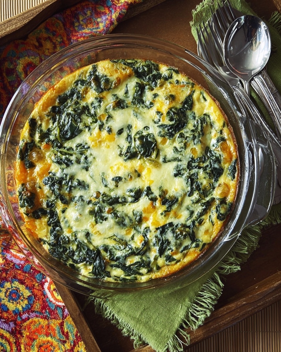 A round, clear glass dish holds a baked spinach and cheese casserole with a golden-brown top layer, showing browned melted cheese mixed with dark green spinach leaves spread evenly throughout. The edges of the casserole are slightly crispy and browned, while the center looks soft and creamy with visible small pockets of cheese. The dish sits on a wooden tray with a colorful patterned cloth partially visible on the side, and next to the dish is a green fringed napkin with shiny silver cutlery placed on top. photo taken with an iphone --ar 4:5 --v 7