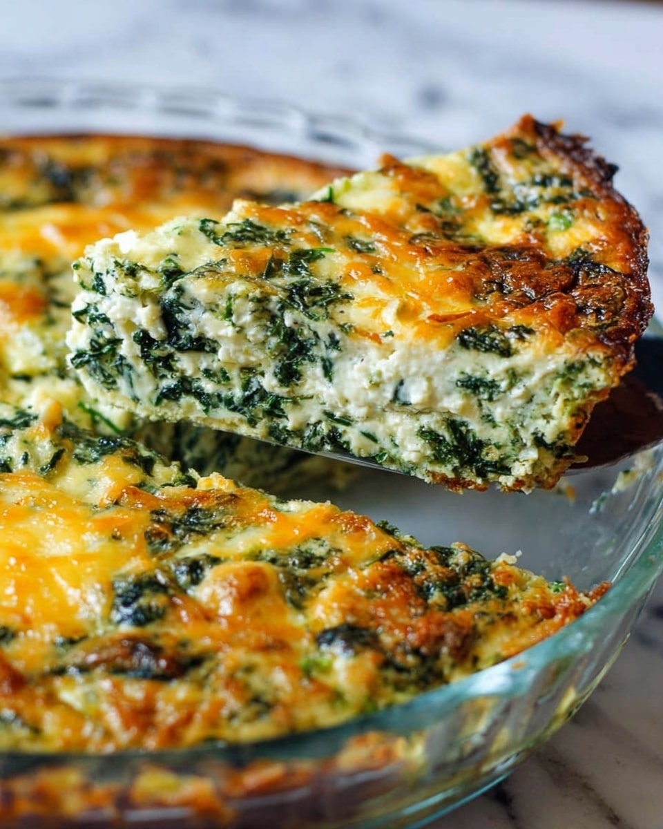 A close-up of a sliced spinach and cheese quiche in a clear glass dish is shown, with a slice lifted by a spatula on the right side. The quiche has two main layers: a thick, dense green and white spinach and cheese filling speckled with herbs and small pieces of spinach, topped with a golden brown and slightly crispy melted cheese layer with some darker browned spots. The clear glass dish sits on a white marbled surface. The overall colors are creamy white, green from the spinach, and golden yellow from the cheese. Photo taken with an iphone --ar 4:5 --v 7