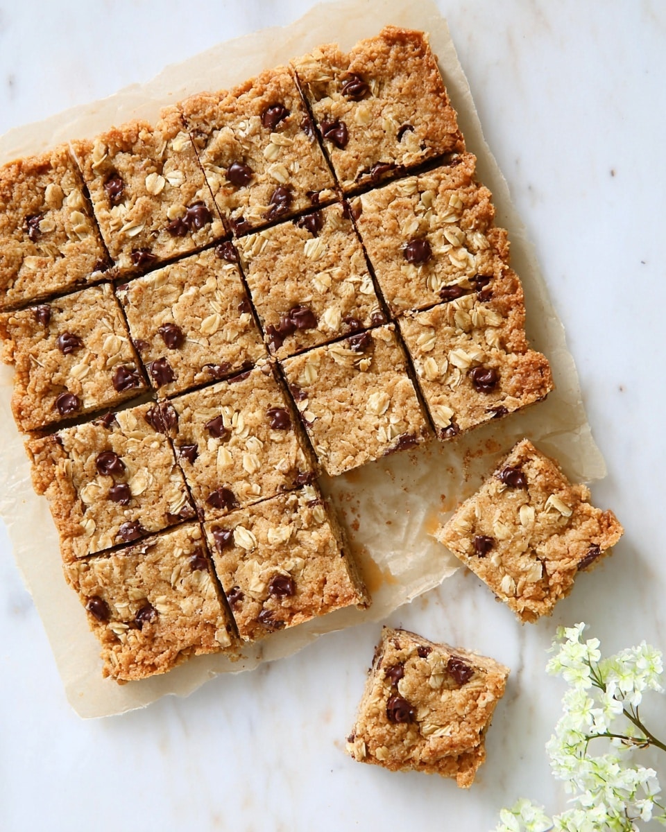 A square-shaped baked tray cut into 15 even pieces, each piece showing a golden-brown, crumbly texture with visible oats and scattered dark chocolate chips embedded throughout the surface. The bars rest on parchment paper on a white marbled texture, with two separate pieces slightly moved away from the main batch for visibility. A small cluster of delicate white flowers on the bottom right adds a soft touch to the scene. The overall look is warm and inviting with a crunchy top layer full of oats and chocolate chips. Photo taken with an iphone --ar 4:5 --v 7