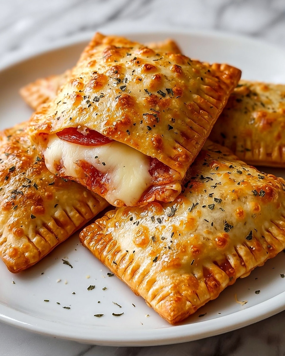 The image shows three golden-brown, square-shaped pockets of baked dough on a white plate. Each pocket has a crispy, lightly bubbled texture with some brown spots and is sprinkled with small green herb flakes. The top pocket is slightly opened, revealing a layer of melted white cheese and a layer of reddish-brown pepperoni inside. The pockets have crimped edges and a shiny, oily surface that reflects light. The plate sits on a white marbled texture. photo taken with an iphone --ar 4:5 --v 7