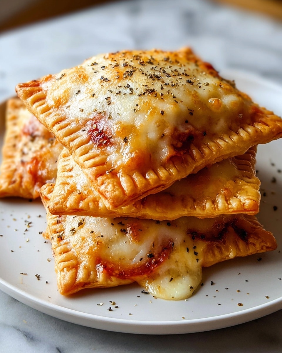 The image shows a stack of three square pizza pockets placed on a white plate, resting on a white marbled surface. Each pizza pocket has a golden-brown, crispy crust with crimped edges and slightly puffed up layers. The top pocket is covered with melted mozzarella cheese, bubbly and browned in spots, sprinkled with black pepper flakes. Visible under the melted cheese are small pieces of pepperoni with a reddish color peeking through. The overall texture looks crispy on the outside and gooey inside, with melted cheese flowing slightly over the edges. photo taken with an iphone --ar 4:5 --v 7