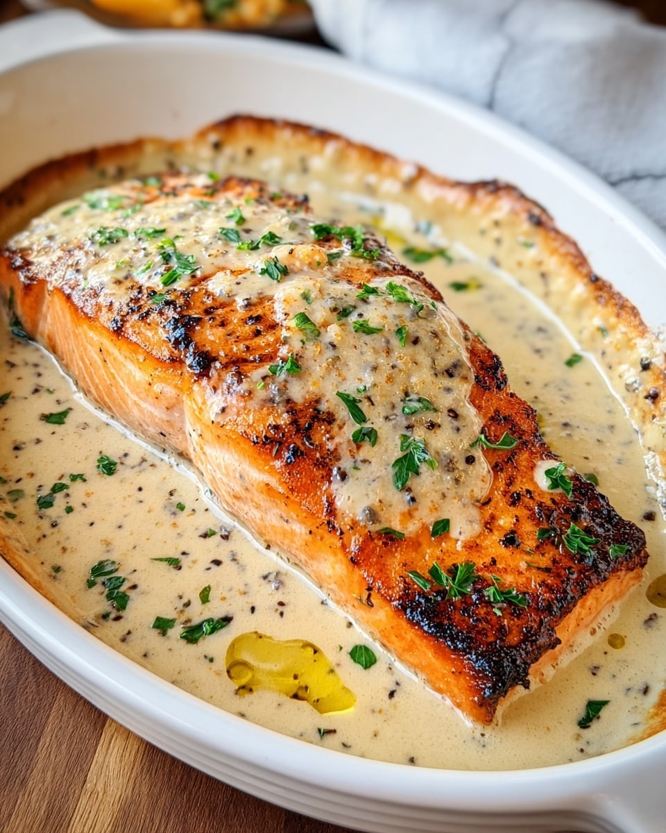 A juicy, cooked salmon fillet lies in a white oval dish, topped with a creamy, light beige sauce speckled with black pepper and small green parsley leaves scattered across its surface. The salmon is golden orange with charred grill marks and a slightly crisped texture on top, while the sauce pools around the base, showing hints of olive oil droplets and specks of seasoning. The dish sits on a wooden surface with a white marbled texture barely visible in the background. photo taken with an iphone --ar 4:5 --v 7