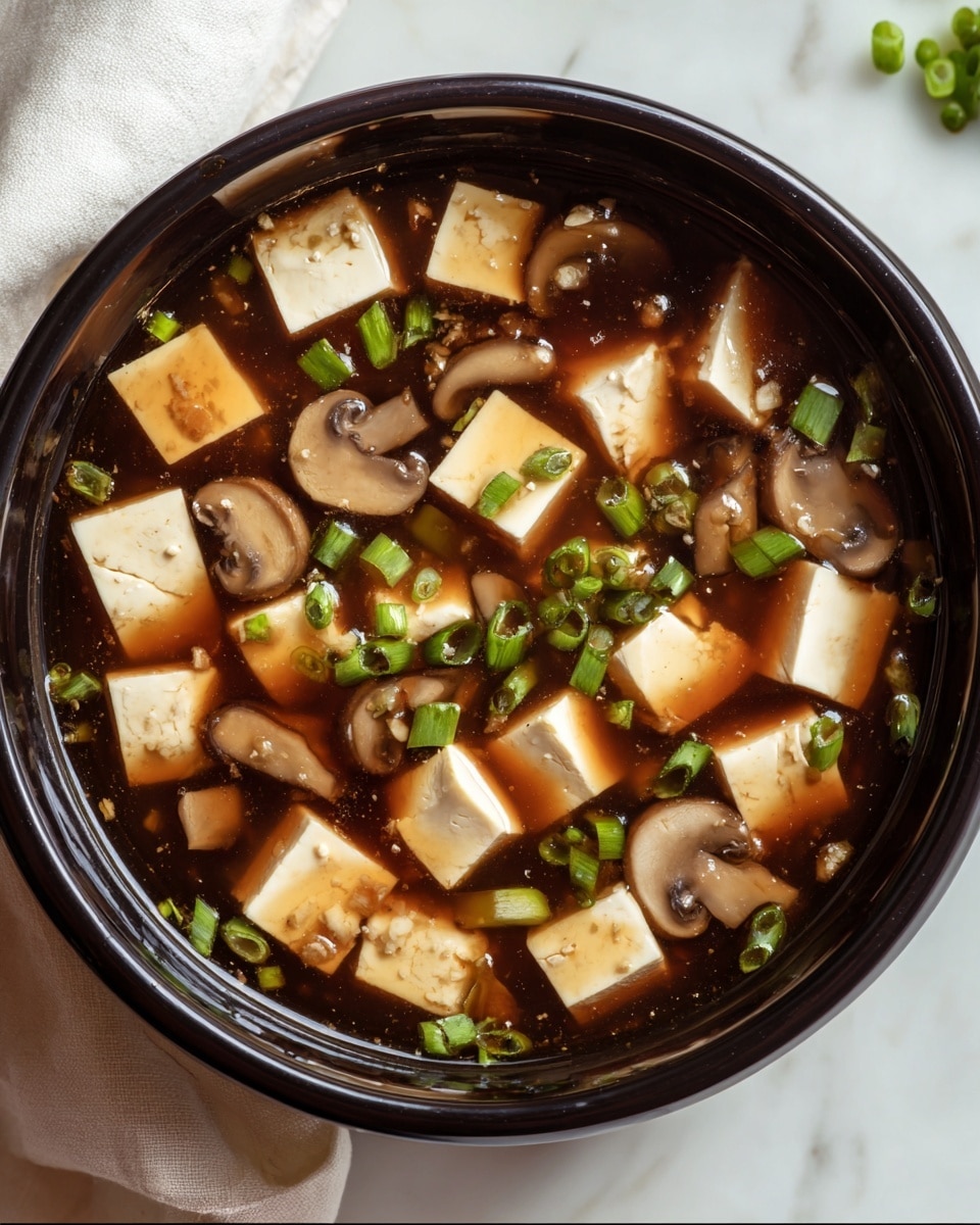 A black bowl filled with a dark brown broth containing soft white tofu cubes scattered evenly on the surface, light brown mushroom pieces with smooth, curved shapes mixed throughout, and small bright green chopped scallions sprinkled on top, each ingredient floating and slightly submerged in the shiny broth. The bowl is placed on a white marbled surface with a white cloth partially visible near the edge. Photo taken with an iphone --ar 4:5 --v 7