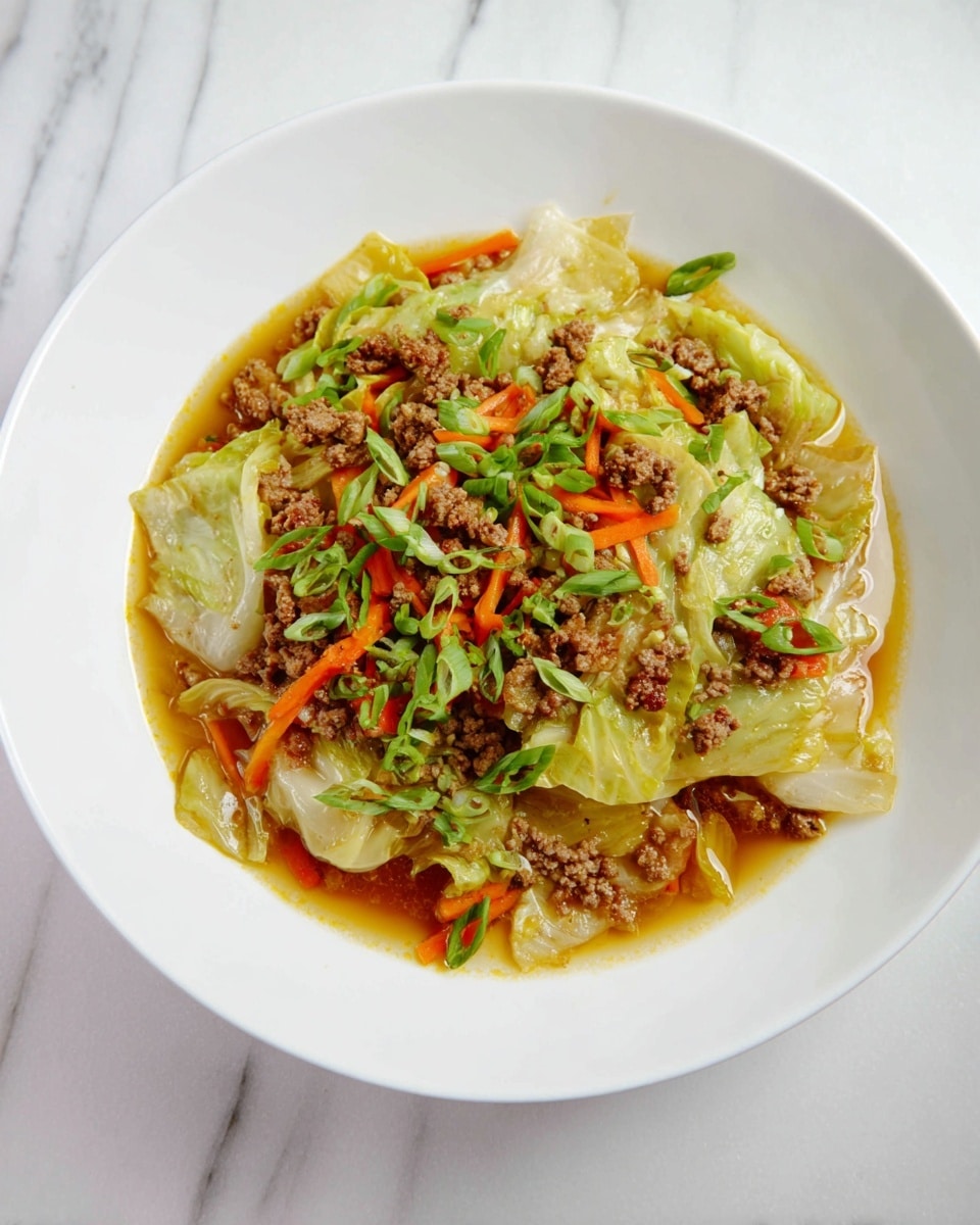 A white plate holds a meal made of soft light green cabbage pieces layered with small chunks of brown cooked ground meat and thin strips of bright orange carrots, all mixed together and sitting in a thin, clear brown broth. The dish is topped with bright green chopped scallions scattered evenly over the surface. The textures show the cabbage as soft and tender, while the meat looks crumbly and moist, and the carrots add a slight crispness. The plate is placed on a surface with a white marbled texture. photo taken with an iphone --ar 4:5 --v 7