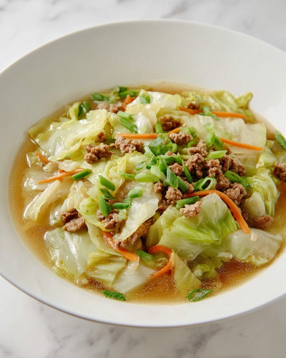 A bowl of soup with three main layers visible: a base layer of light brown broth fills the bottom, floating on top are pale yellow-green cabbage pieces cut into chunks with a soft, slightly translucent texture, mixed evenly with small brown crumbled meat pieces scattered throughout. Thin orange carrot strips add color contrast and are mixed in among the cabbage and meat. Bright green chopped scallions are sprinkled on top, adding freshness and a pop of green. The dish is served in a white bowl placed on a white marbled surface. photo taken with an iphone --ar 4:5 --v 7